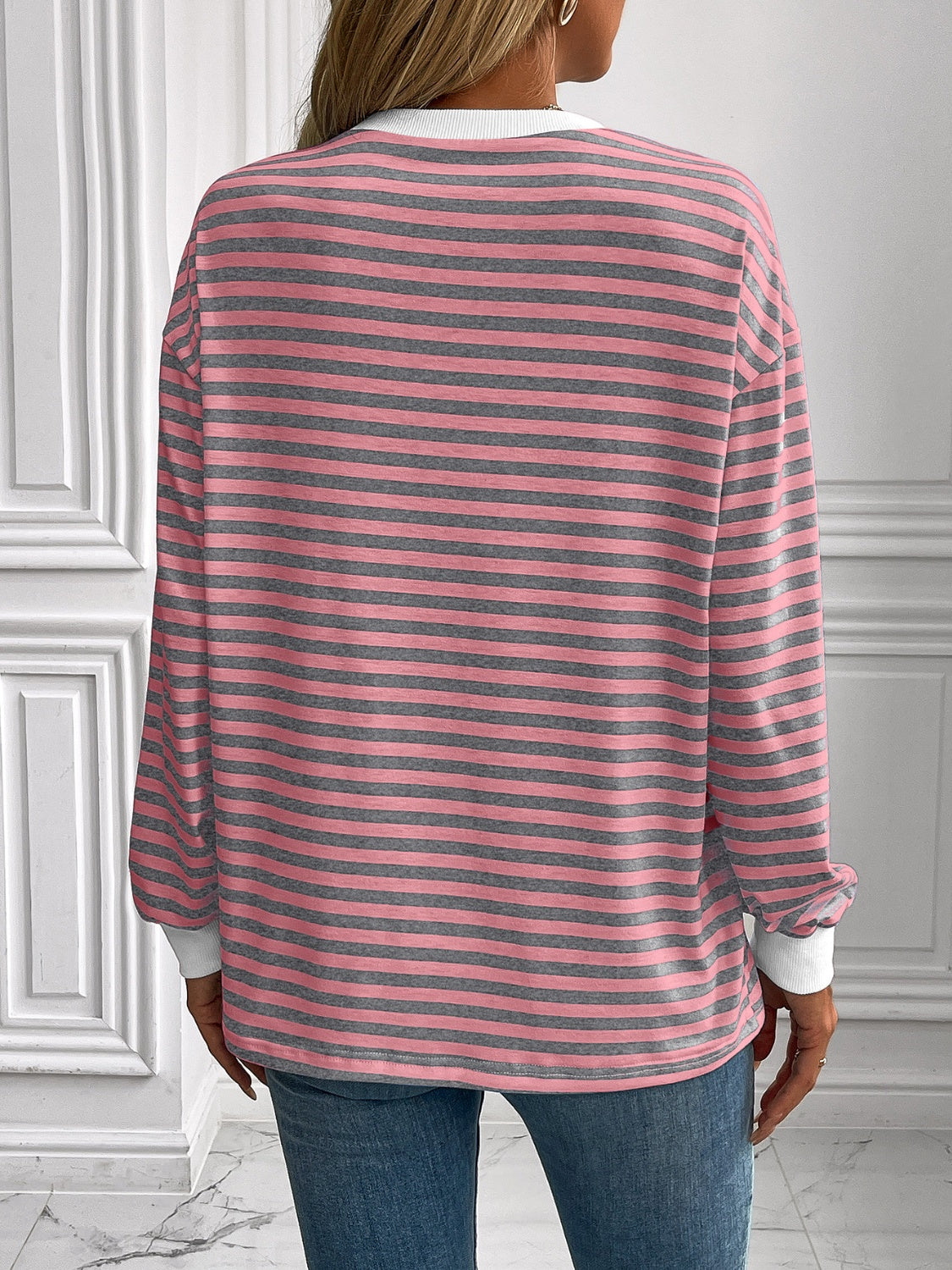 Ivy Lane Striped Round Neck Long Sleeve Sweatshirt - Laazaar