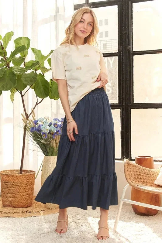 ADORA Waist Band Tiered Denim Maxi Skirt