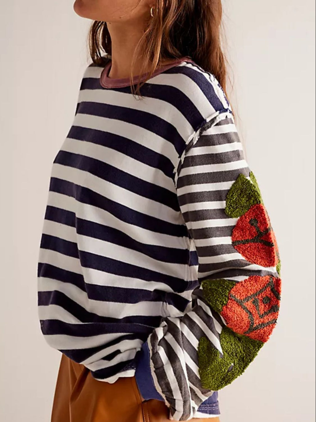 Striped Round Neck Long Sleeve Sweatshirt - Laazaar