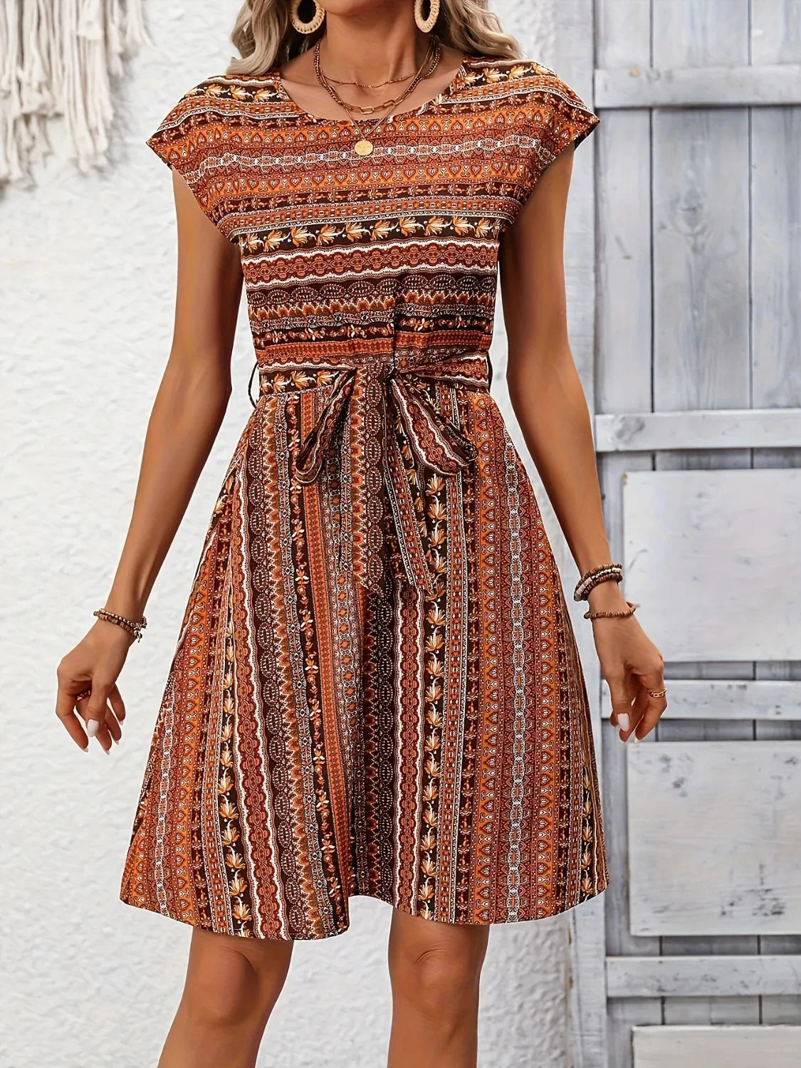 Printed Round Neck Cap Sleeve Dress