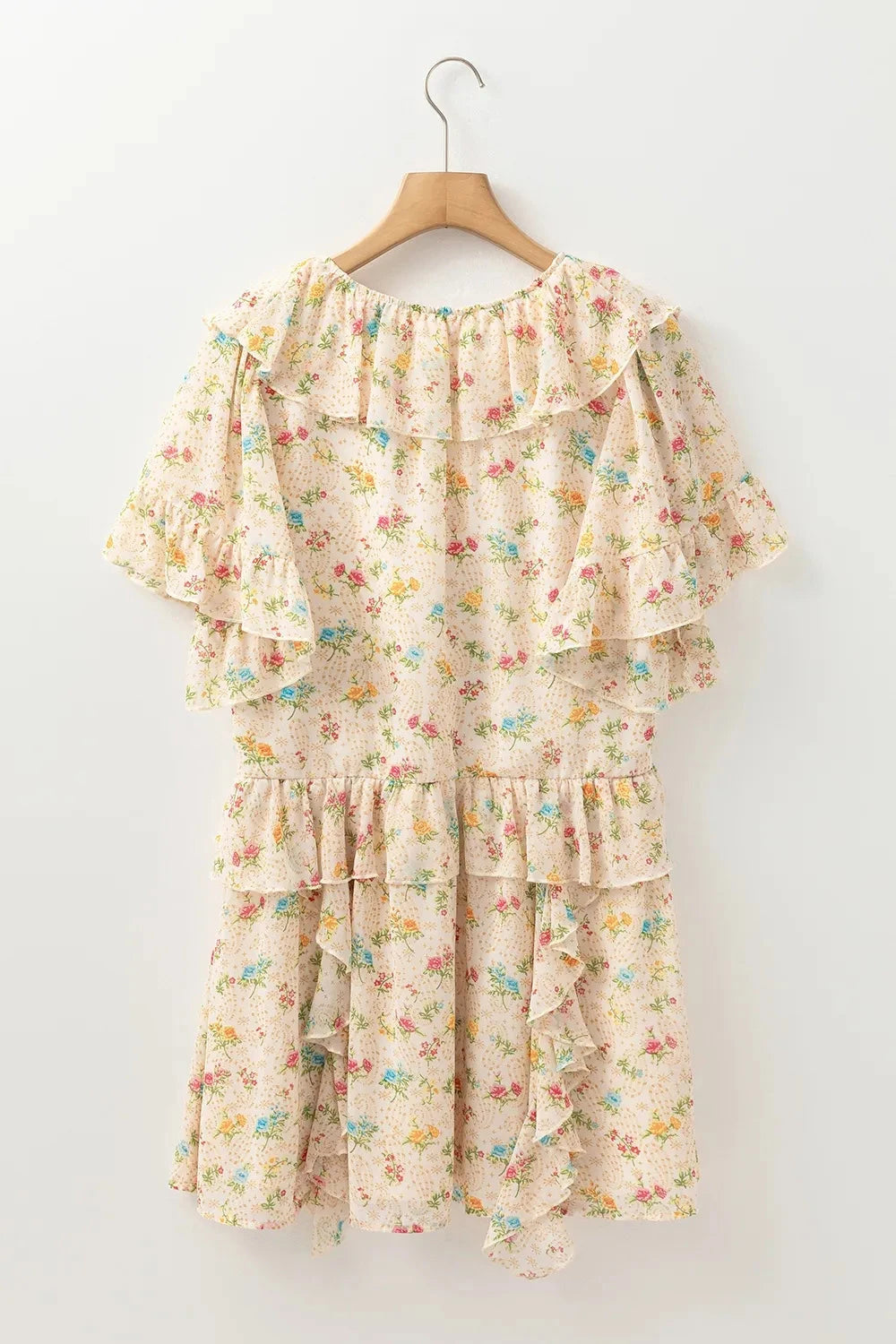 Boho Floral Tassel Tie V Neck Ruffle Wide Sleeve Mini Dress