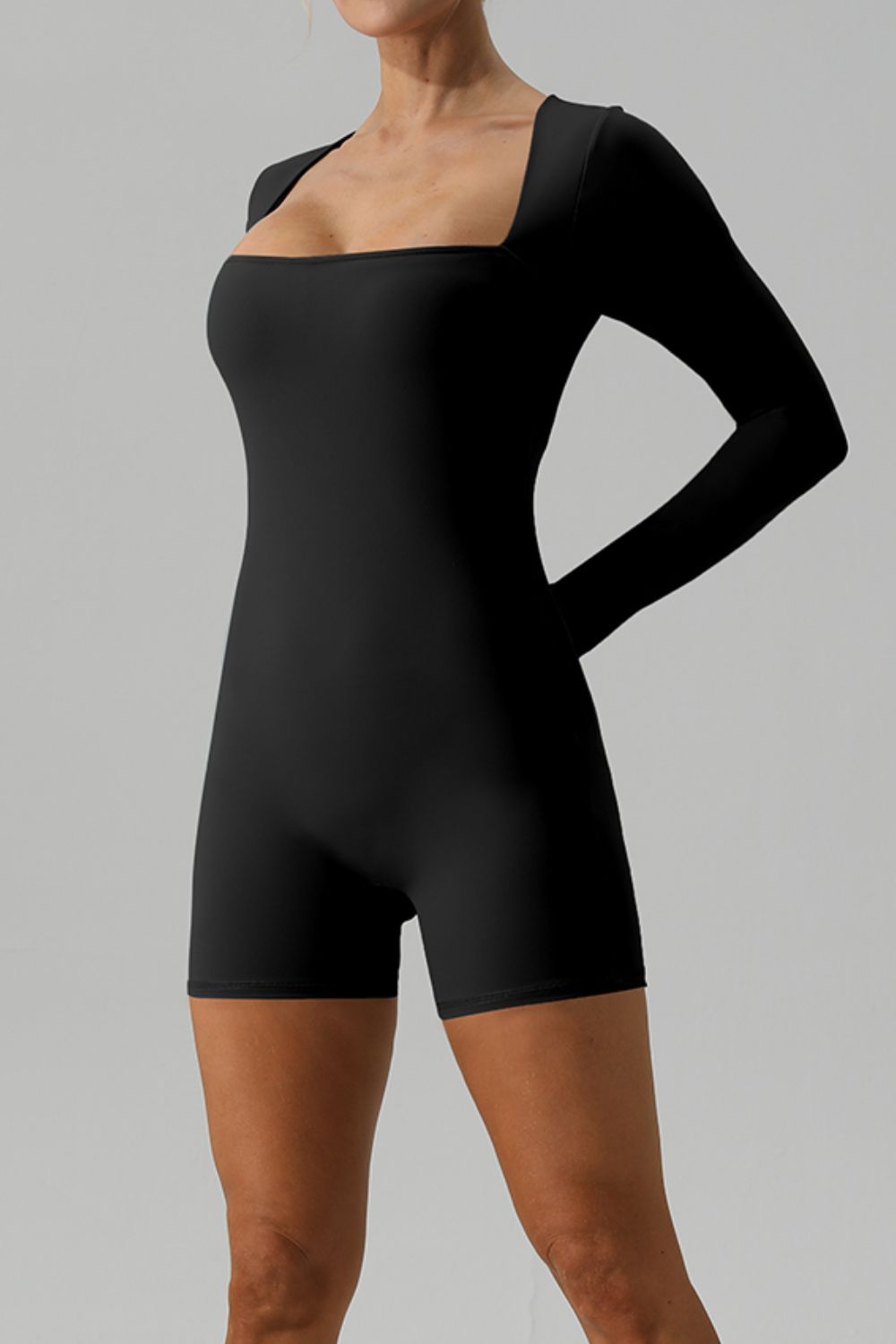 Square Neck Long Sleeve Active Romper - Laazaar