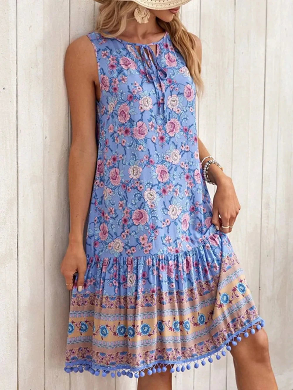 Tie Neck Sleeveless Floral Dress