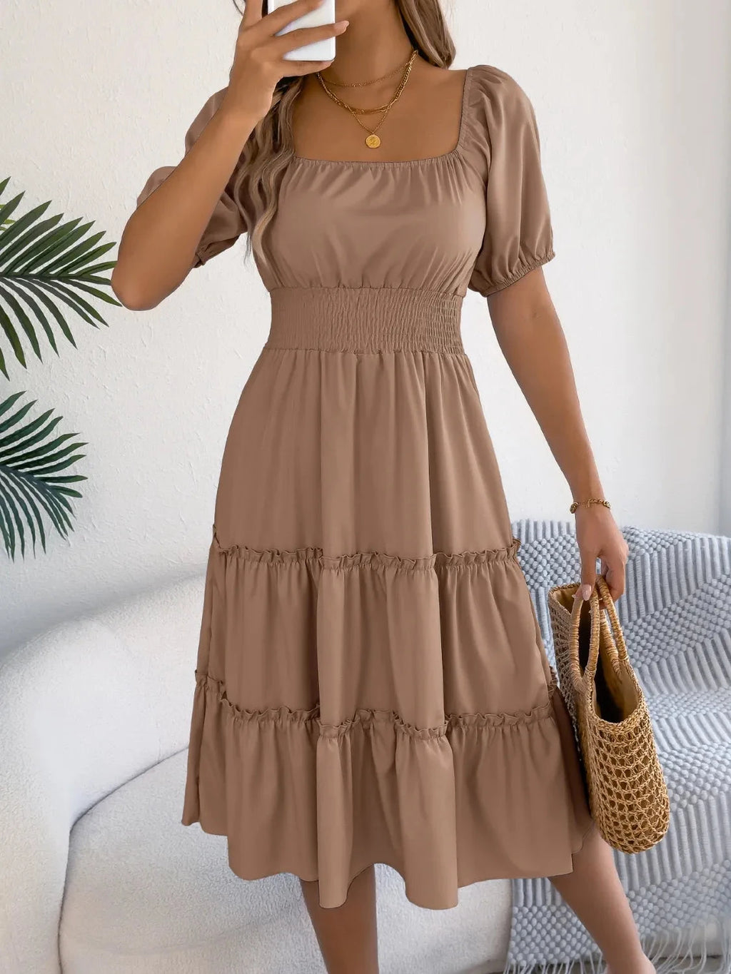 Square Neck Short Puff Sleeve Dress