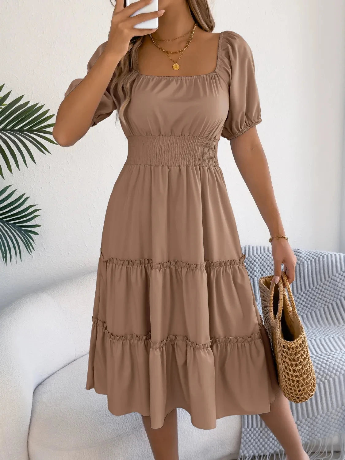 Square Neck Short Puff Sleeve Dress