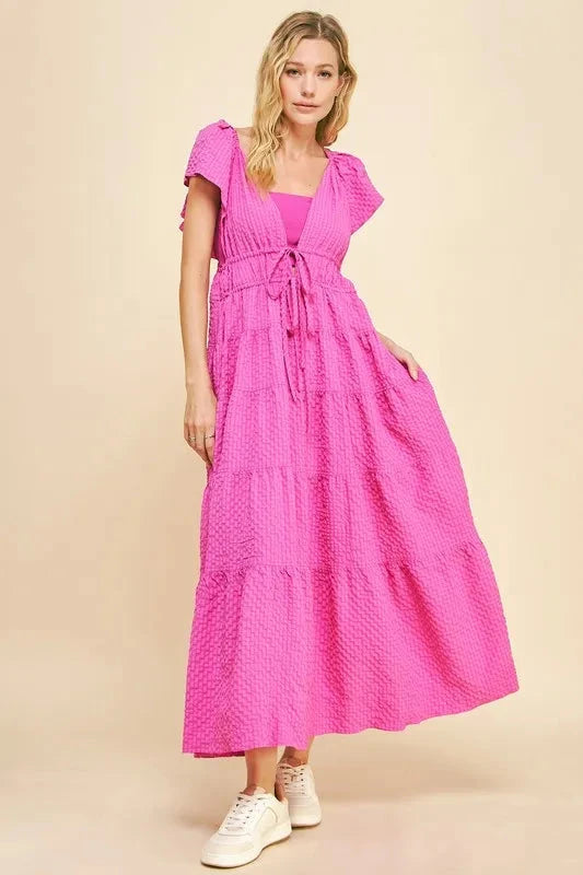 Davi & Dani Crinkled Texture Flutter Cap Sleeve Midi Dress