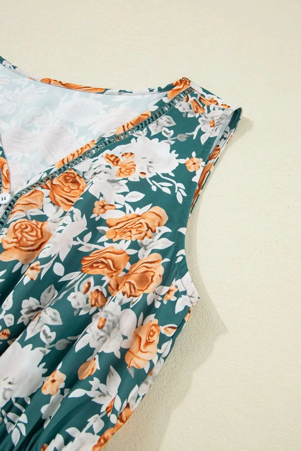 Floral Print Trimmed V Neck Tie Waist Sleeveless Dress