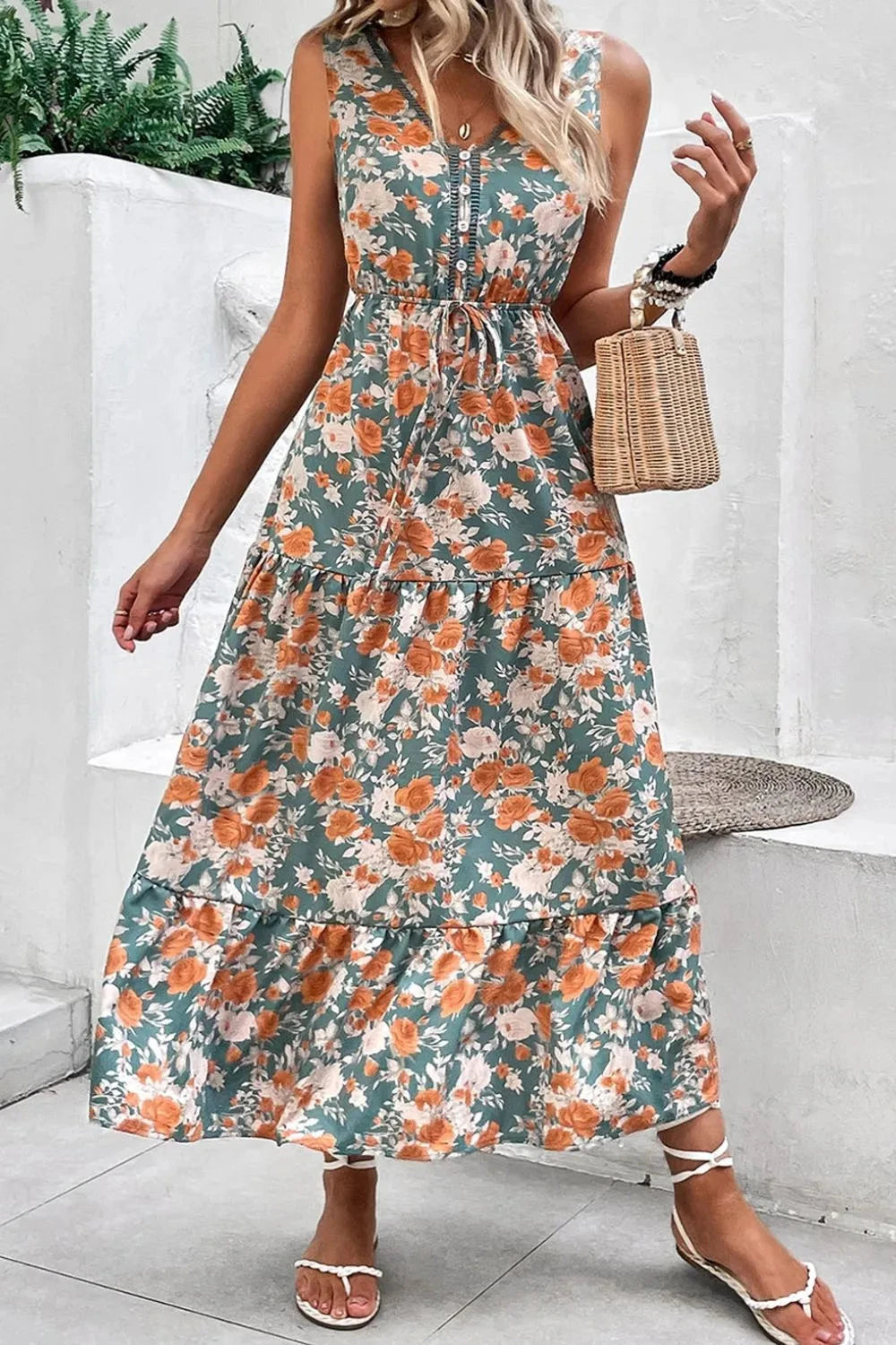 Floral Print Trimmed V Neck Tie Waist Sleeveless Dress