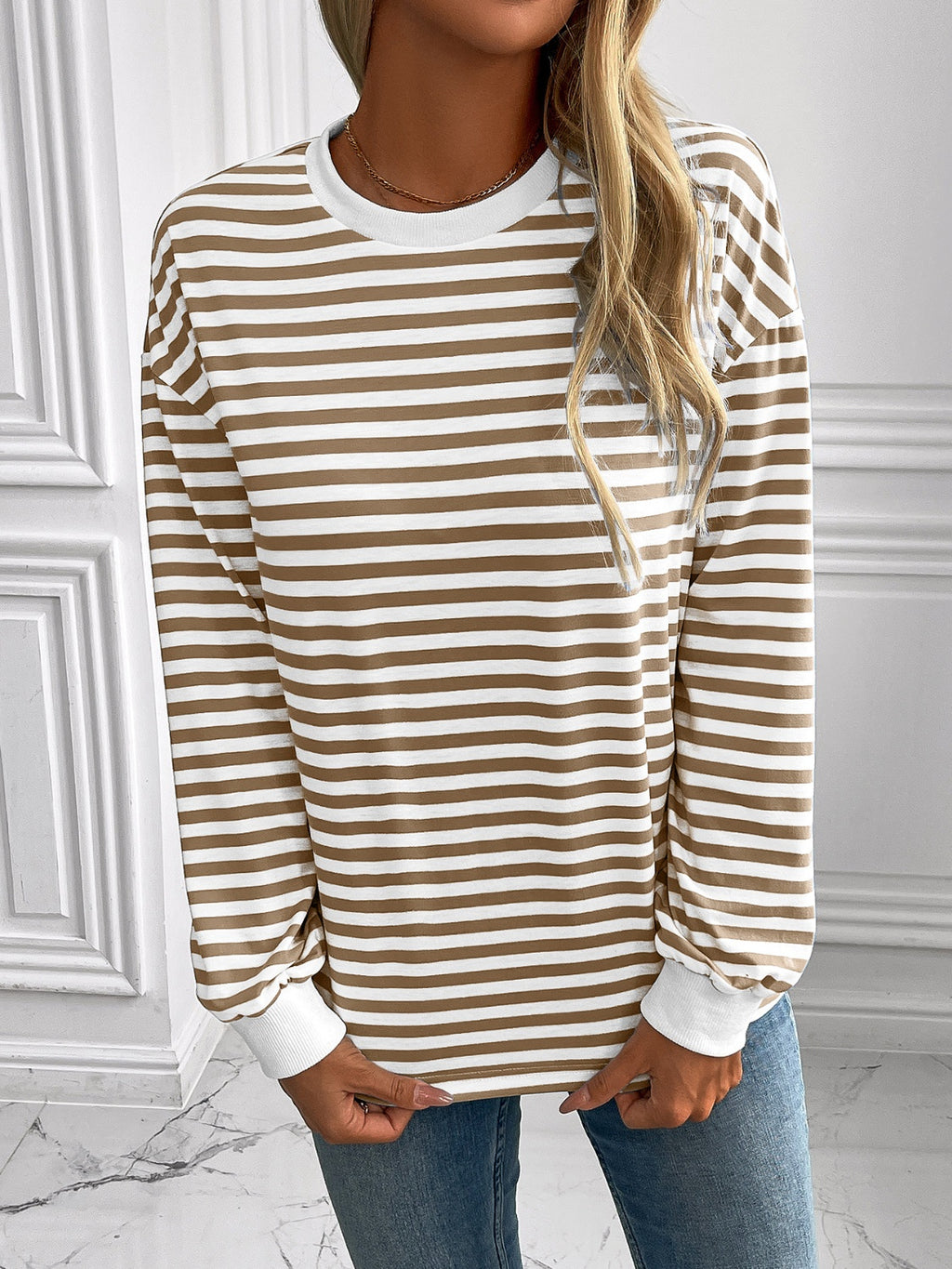 Ivy Lane Striped Round Neck Long Sleeve Sweatshirt - Laazaar