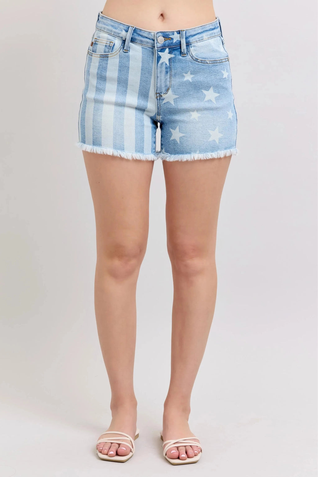 Judy Blue Full Size Mr Star & Stripe Bleach Discharge Fray Hem Denim Shorts Plus Size