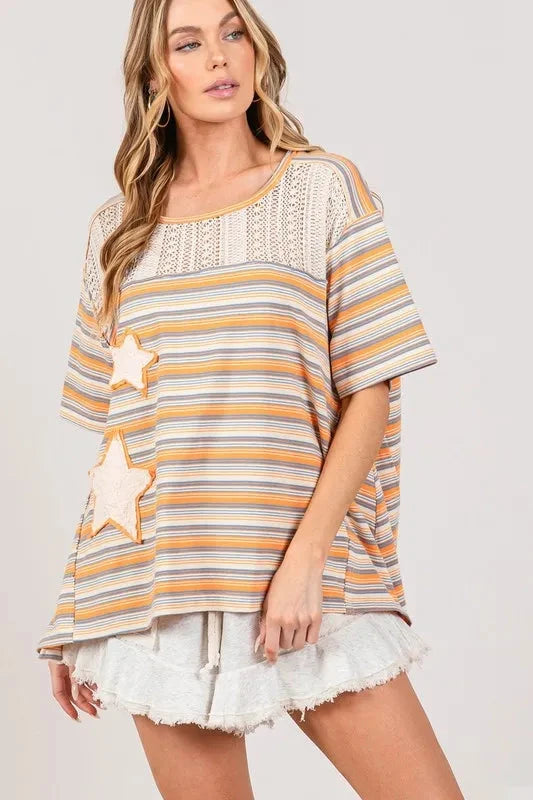 SAGE+FIG Accent Striped with Star Applique T-Shirt