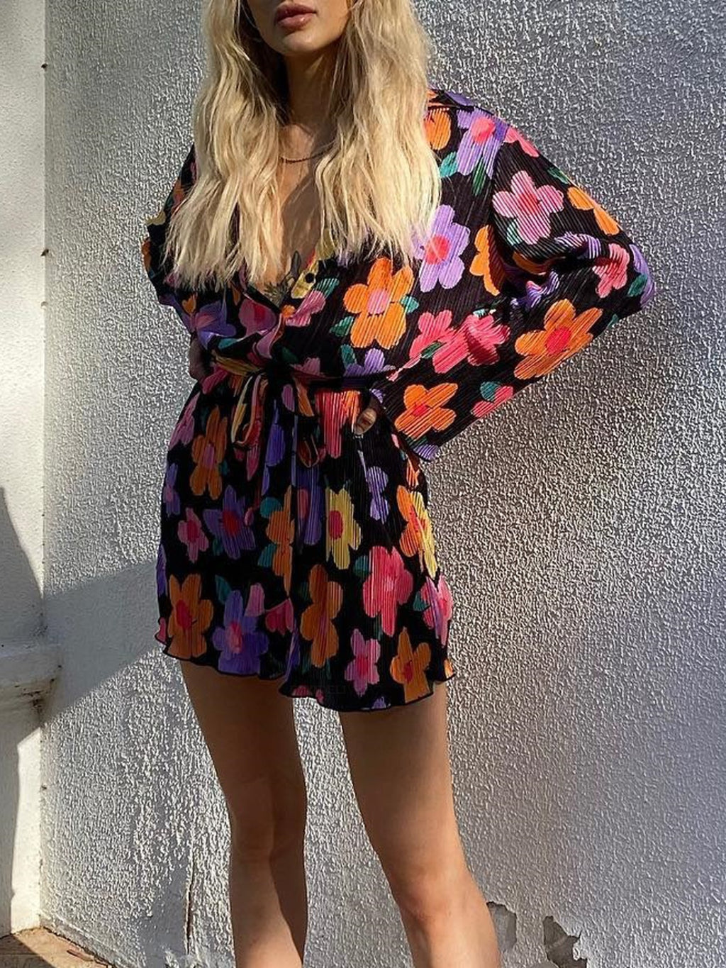 Tied Button Up Long Sleeve Dress - Laazaar