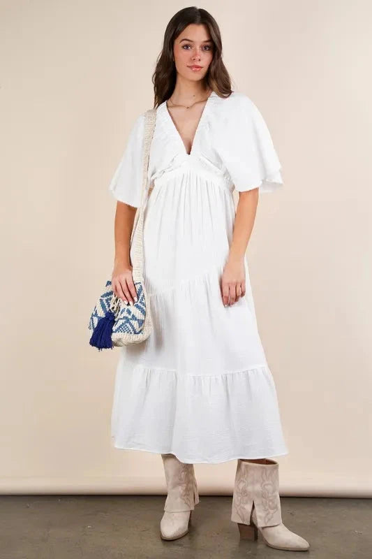 VERY J Mineral Washed Elastic Neck Detail Midi Dress