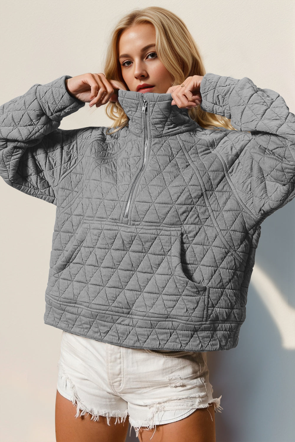 Double Take Half Zip Long Sleeve Quilted Sweatshirt with Pocket - Laazaar