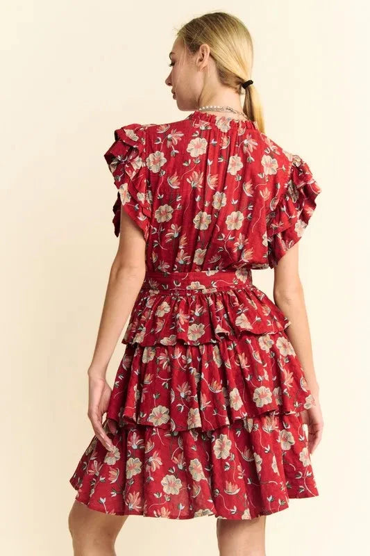 Davi & Dani Ruffle Flutter Sleeve Tie Belt Tiered Mini Dress
