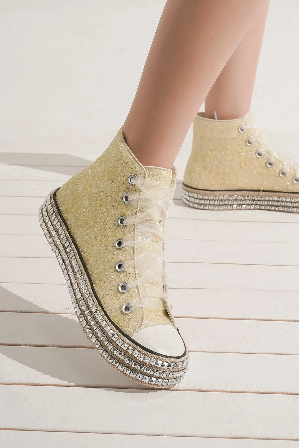 Beast Fashion Glitter Lace-Up Studded Platform Sneakers - Laazaar
