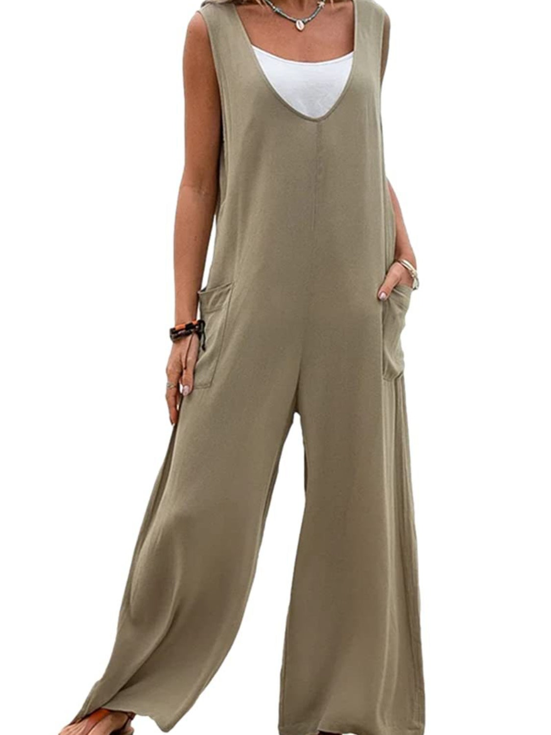 Full Size Wide Strap Jumpsuit with Pockets - Laazaar