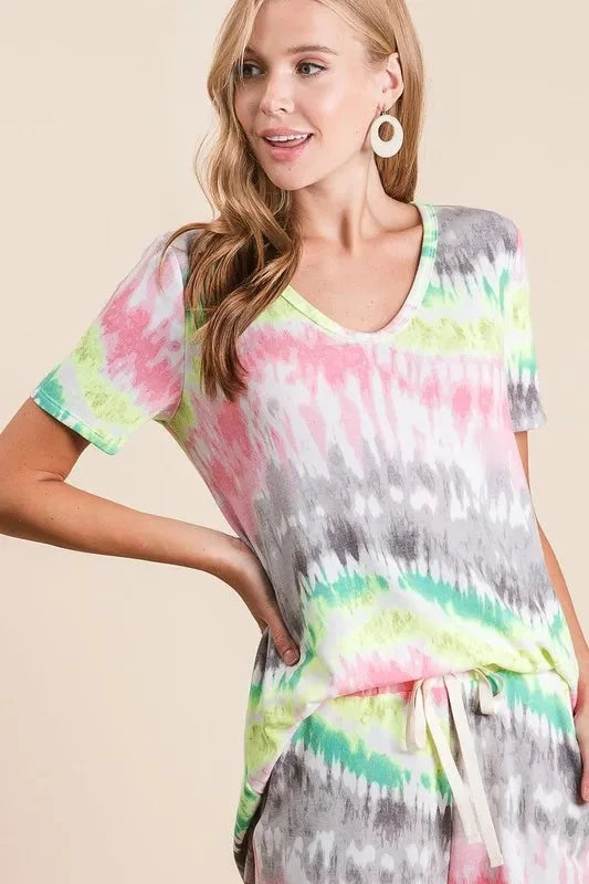 BiBi Tie Dye Print Shorts With Twill Tape Drawstring