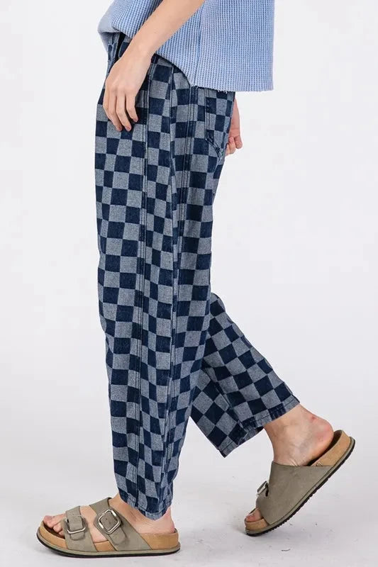 SAGE+FIG Barrel Style Leg Checkered Print Jeans