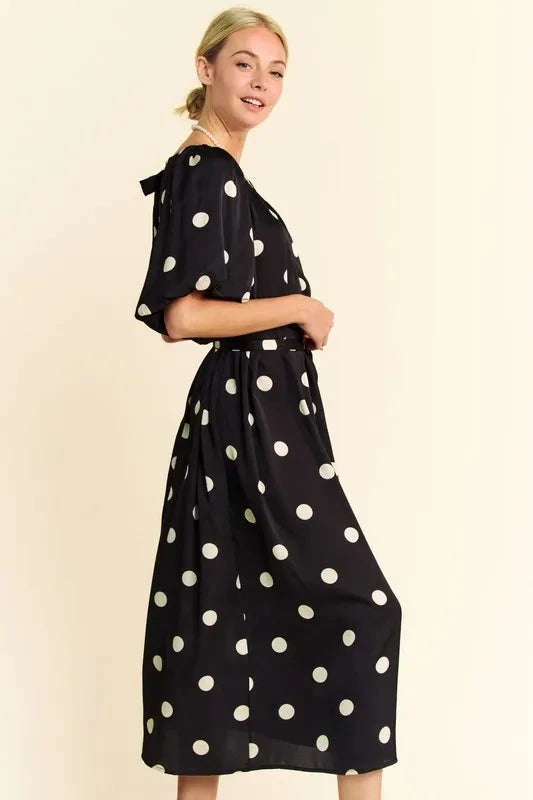 Davi & Dani Polka Dot Puff Sleeves Waist Tie Midi Dress