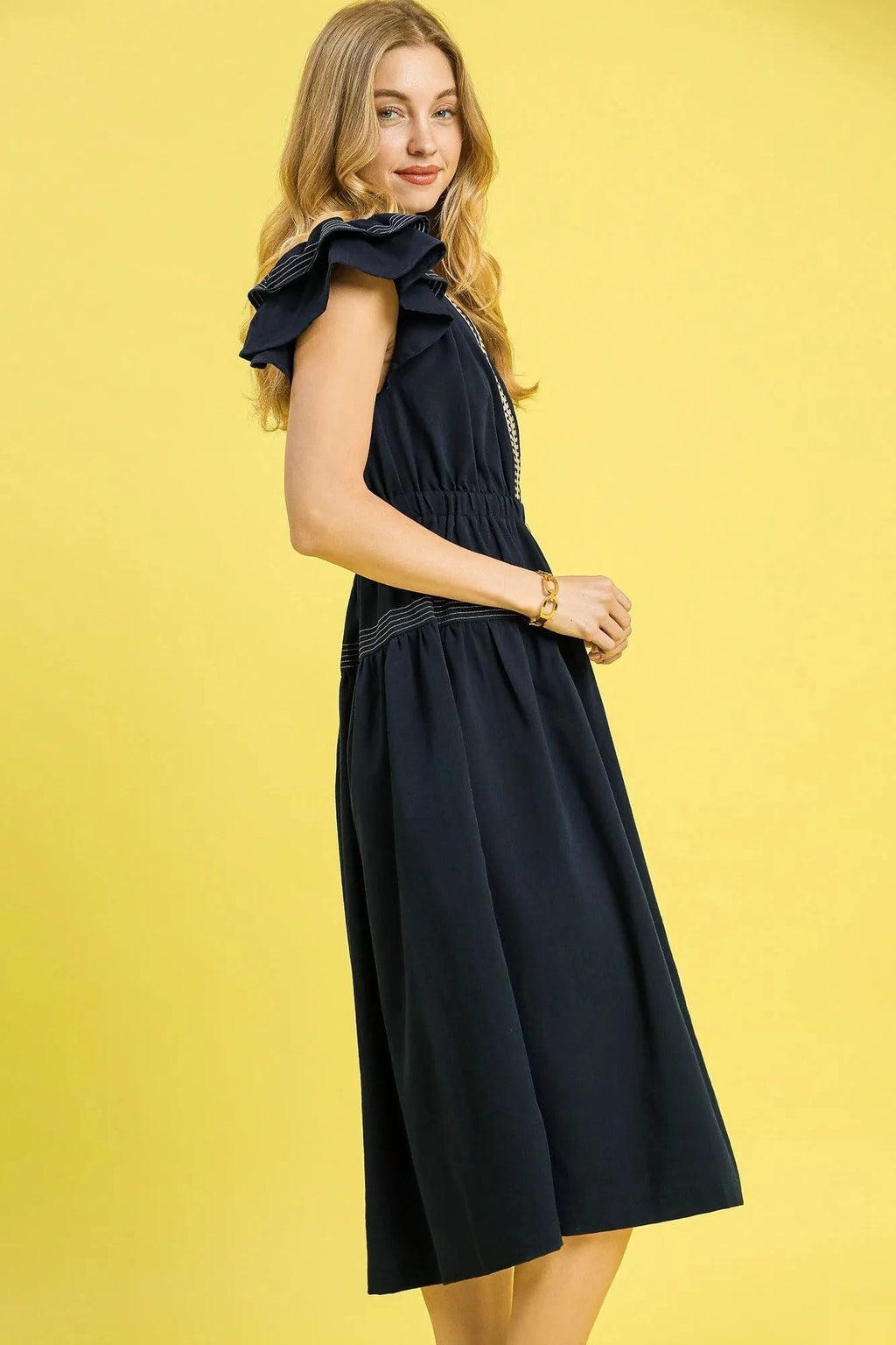Umgee Ruffled Cap Sleeve Midi Dress with Contrast Trim Detail