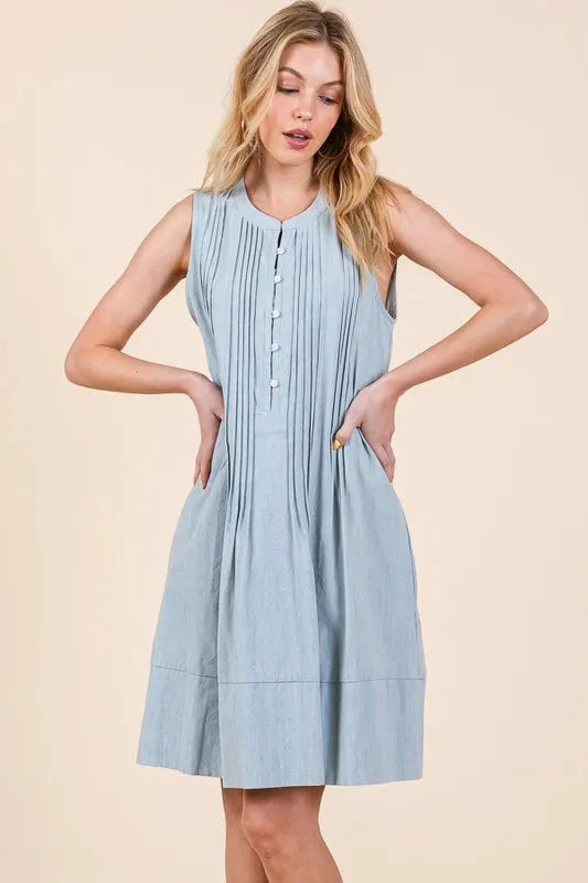 Lime 'N' Chili Denim Pintuck Detail Sleeveless Midi Dress