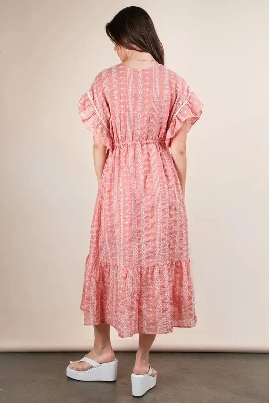 VERY J Embroidered Boho Ruffled Midi Dress