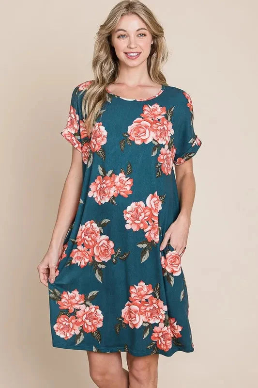 BOMBOM Floral Round Neck Short Tee Dress with Pockets
