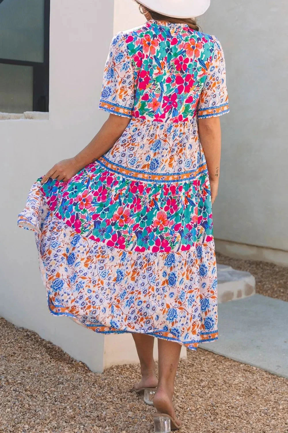 Mixed Floral Print Tie Neck Short Sleeve Dress