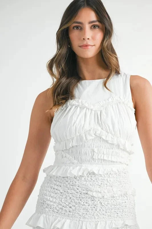 MABLE Ruffled Popcorn Smocked Mermaid Midi Dress