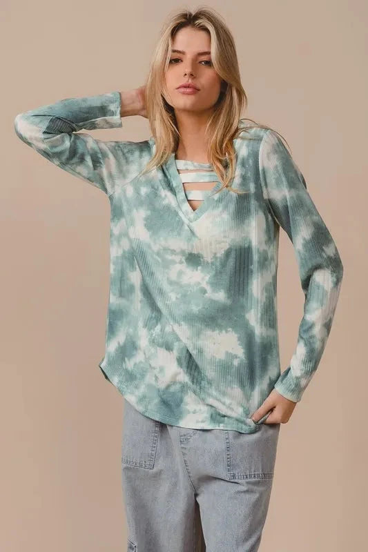 BiBi Variegated Tie Dye Rib V-Neck Top with Strapped
