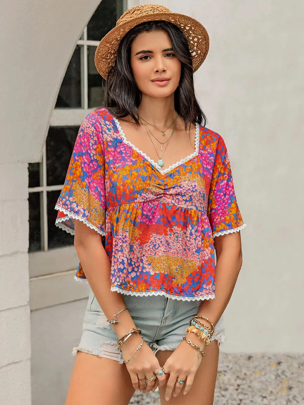 Ruched Printed Half Sleeve Blouse