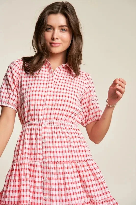 Davi & Dani Puff Short Sleeve Ruffle Shirt Dress