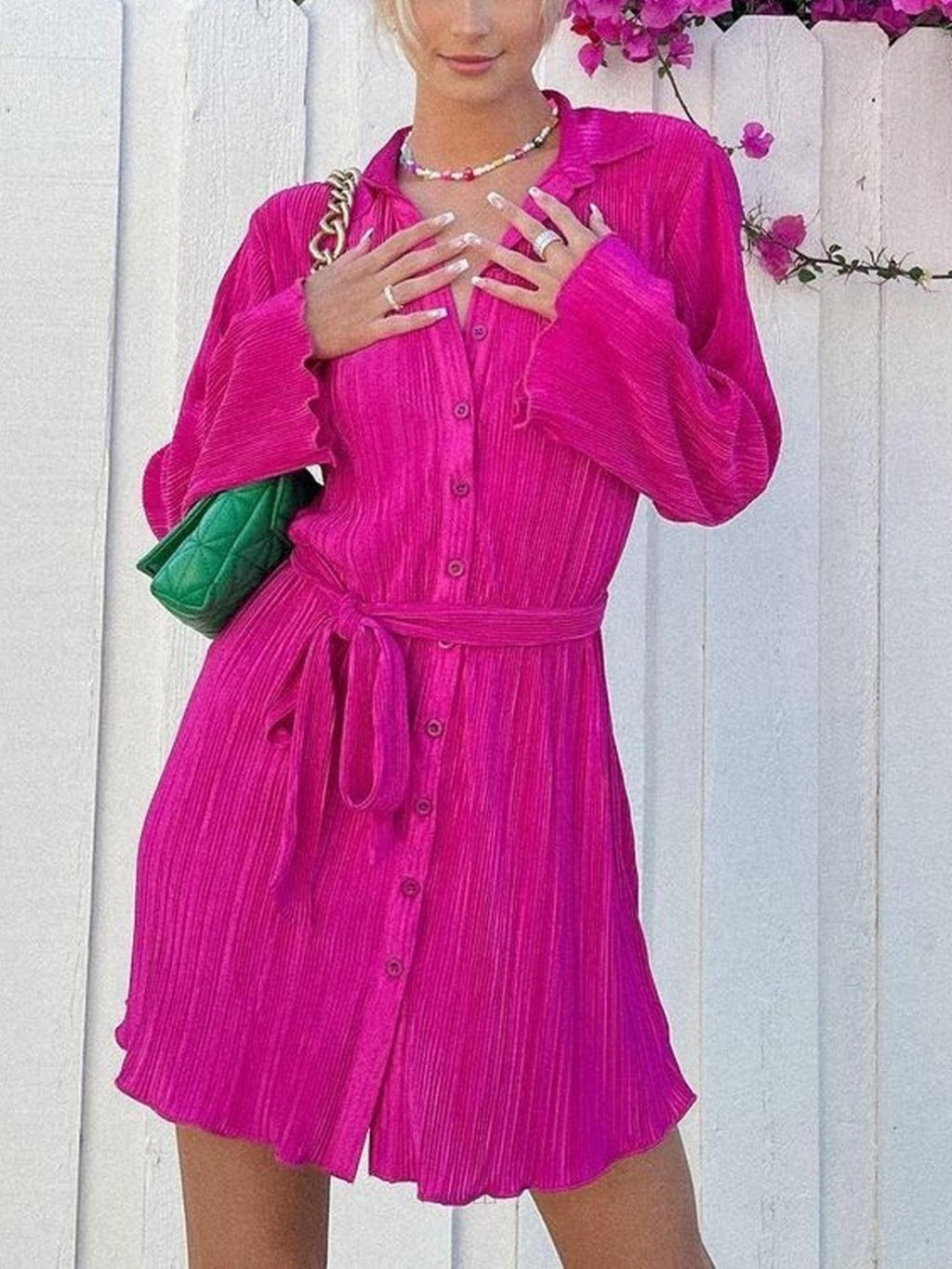 Tied Button Up Long Sleeve Dress - Laazaar