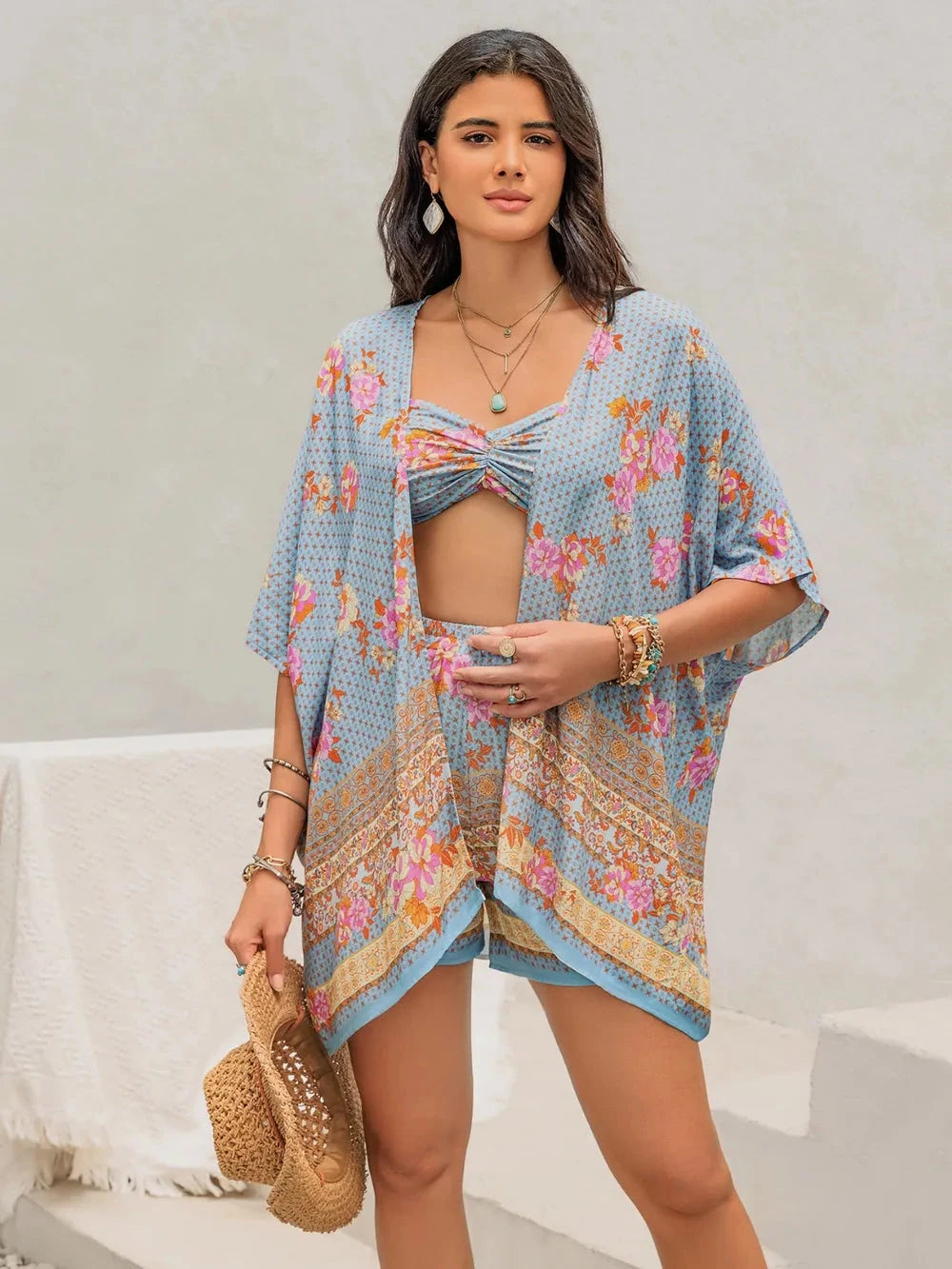 Printed Bra, Shorts and Cover Up Three-Piece Set