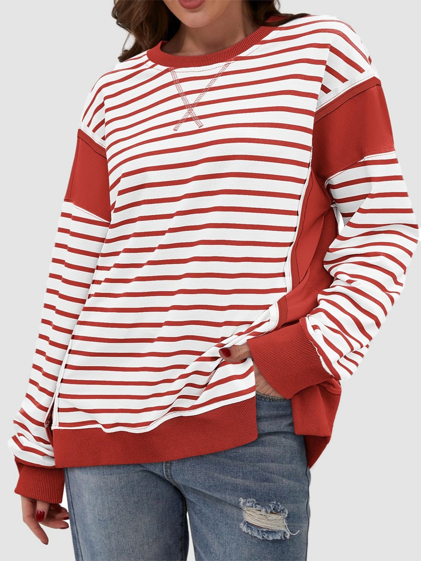 Slit Exposed Seam Striped Long Sleeve Sweatshirt - Laazaar