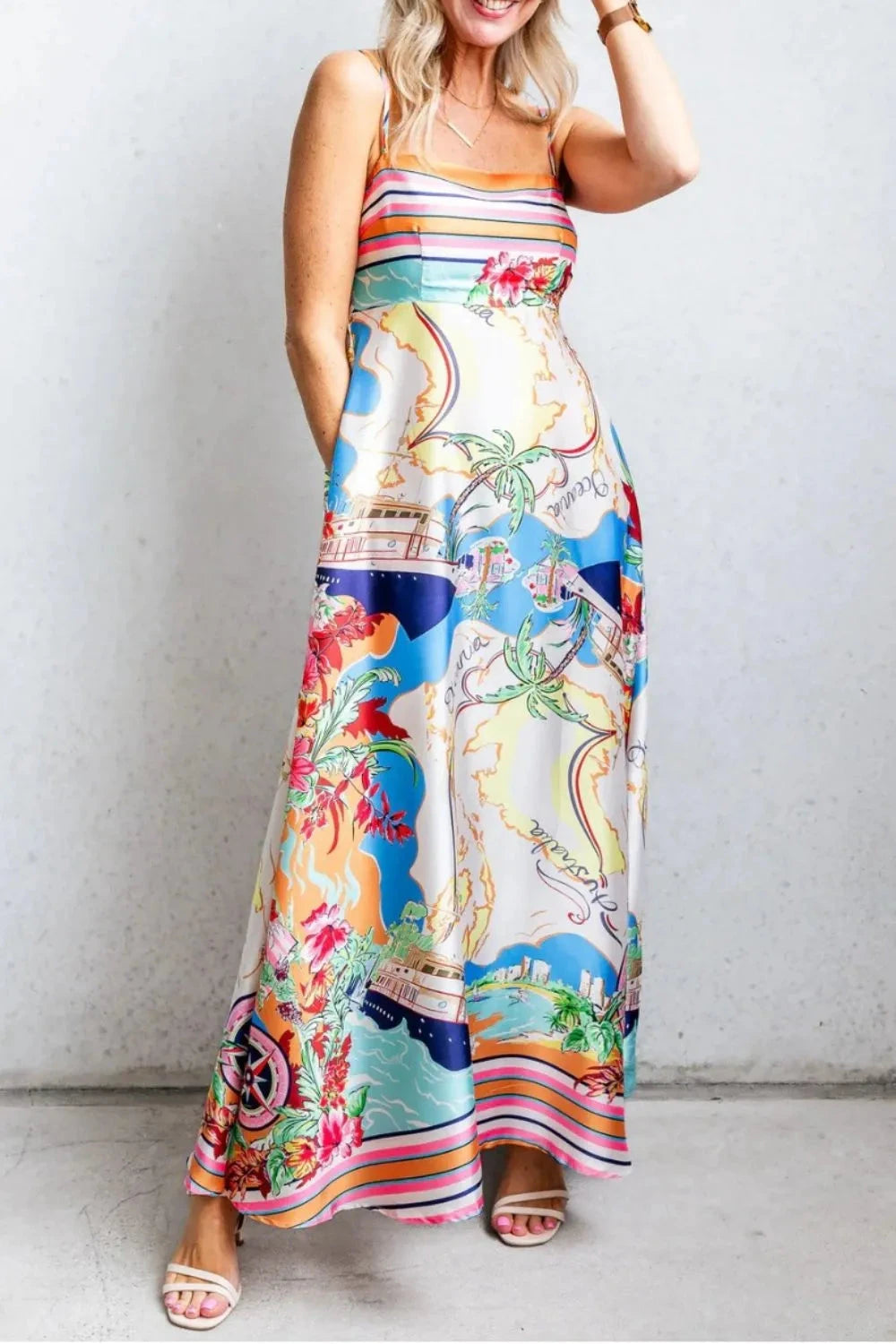 Smocked Back Printed Square Neck Maxi Cami Dress with Pockets