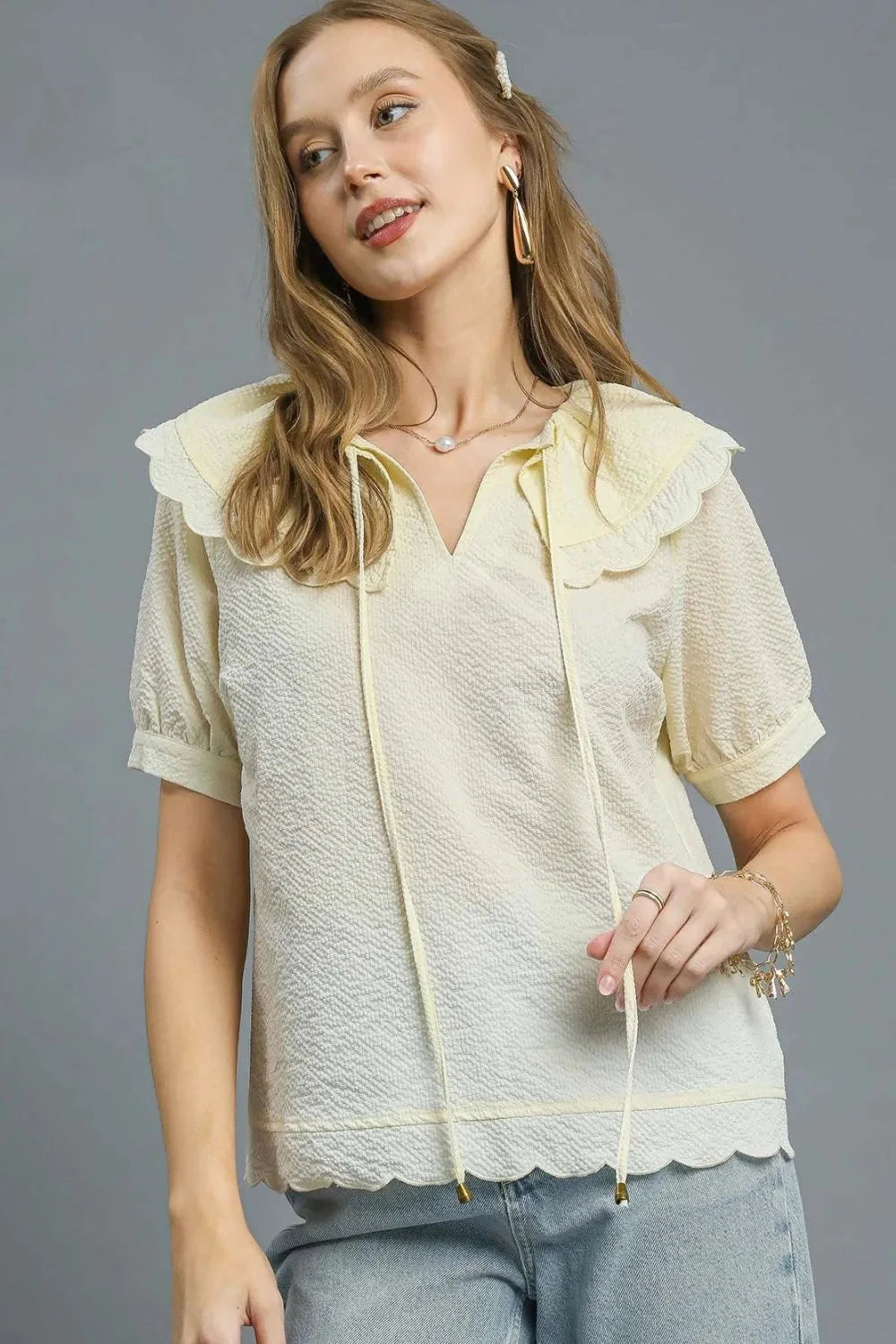 Umgee Peter Pan Collar Short Sleeve Blouse