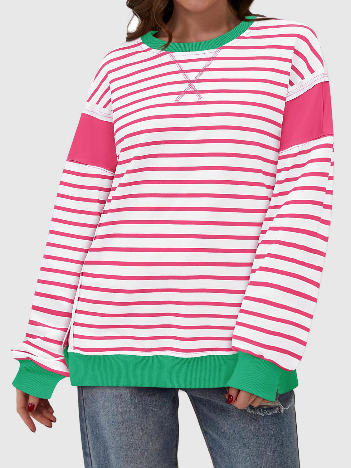 Slit Exposed Seam Striped Long Sleeve Sweatshirt - Laazaar