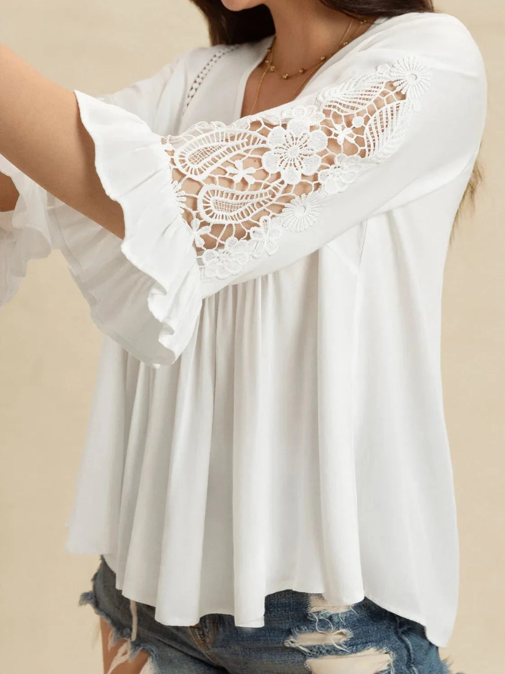 V-Neck Lace Flounce Sleeve Top
