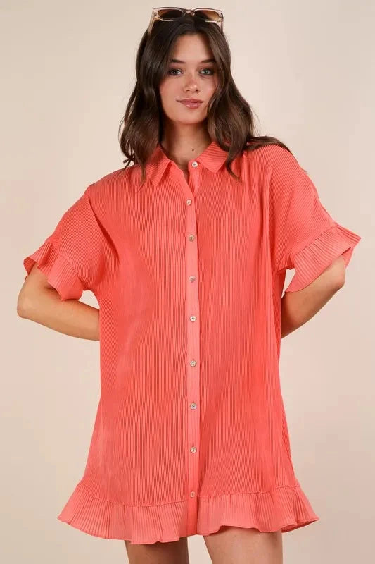 VERY J Pleated Detail Button Down Mini Dress