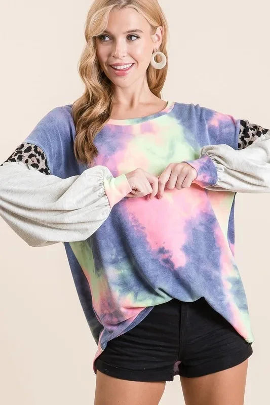 BiBi Tie Dye Terry Top with Contrast Puff Sleeves