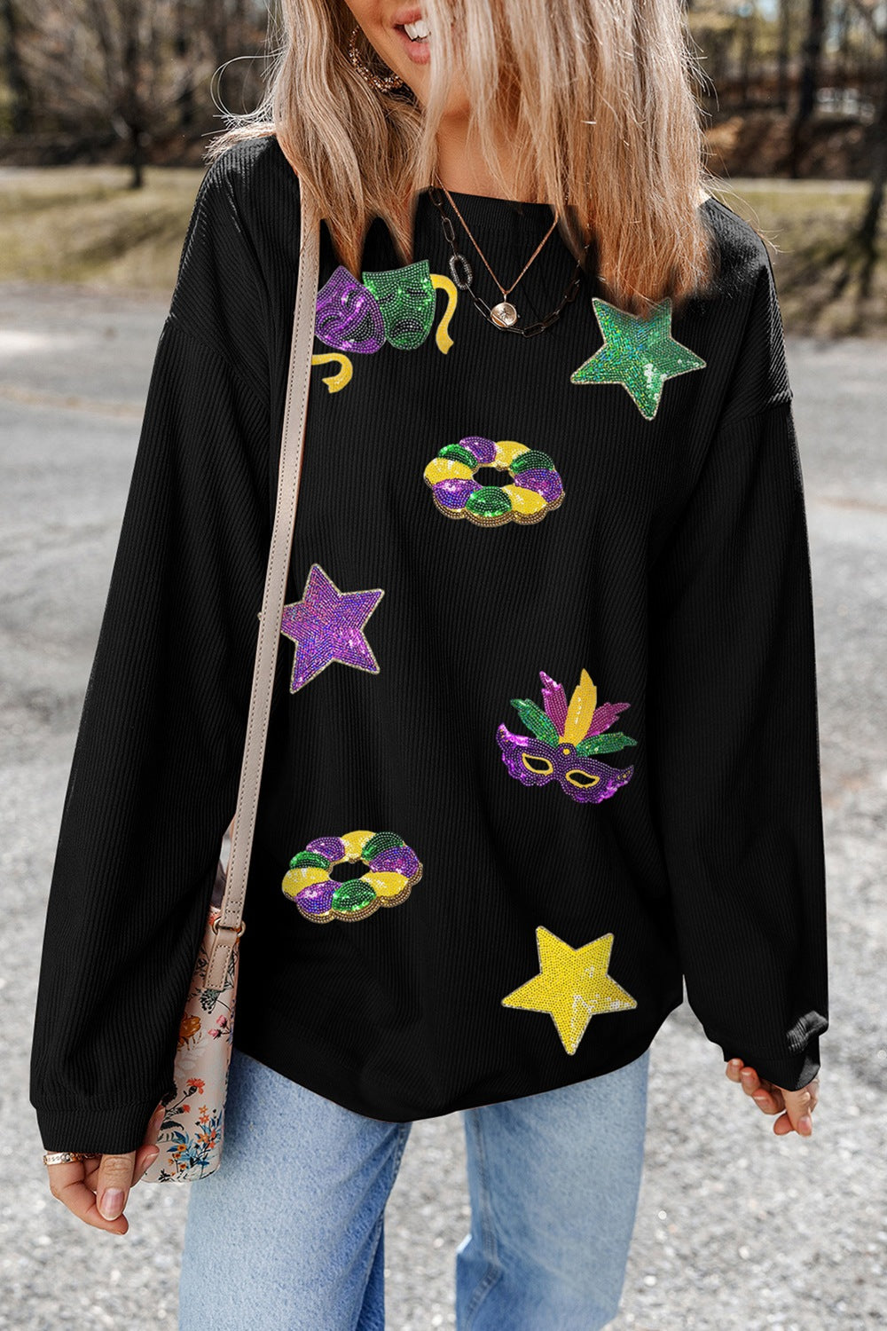 Sequin Round Neck Long Sleeve Sweatshirt - Laazaar