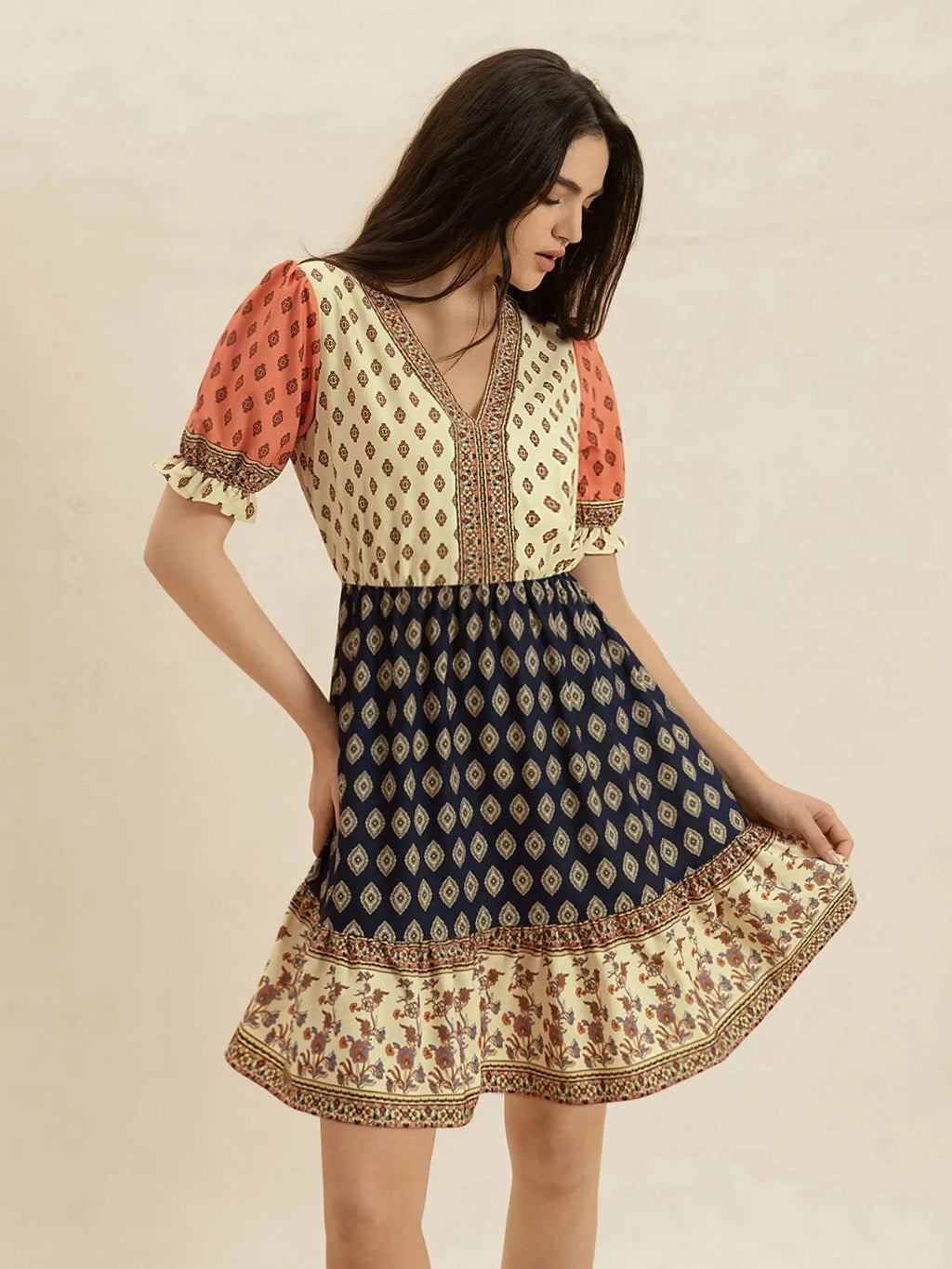 Printed V-Neck Short Sleeve Dress