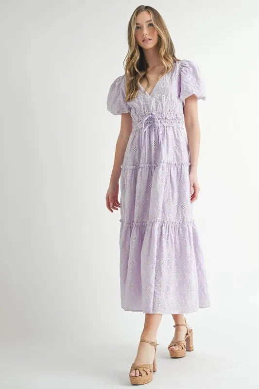 MABLE Eyelet Lace Puff Sleeve V Neck Midi Dress