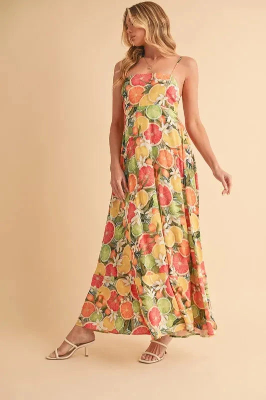 Aemi + Co Fruit Print Square Neck Maxi Cami Dress
