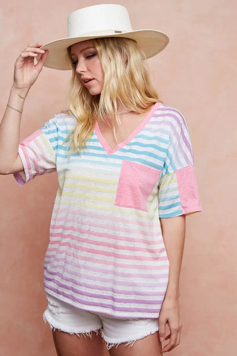 BiBi Rainbow Stripe Printed Triblend Knit Top