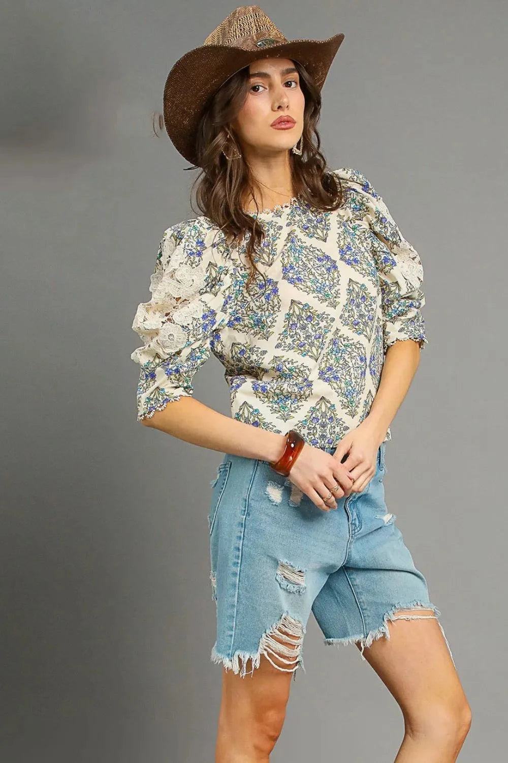 Umgee Printed Lace Puff Sleeve Blouse