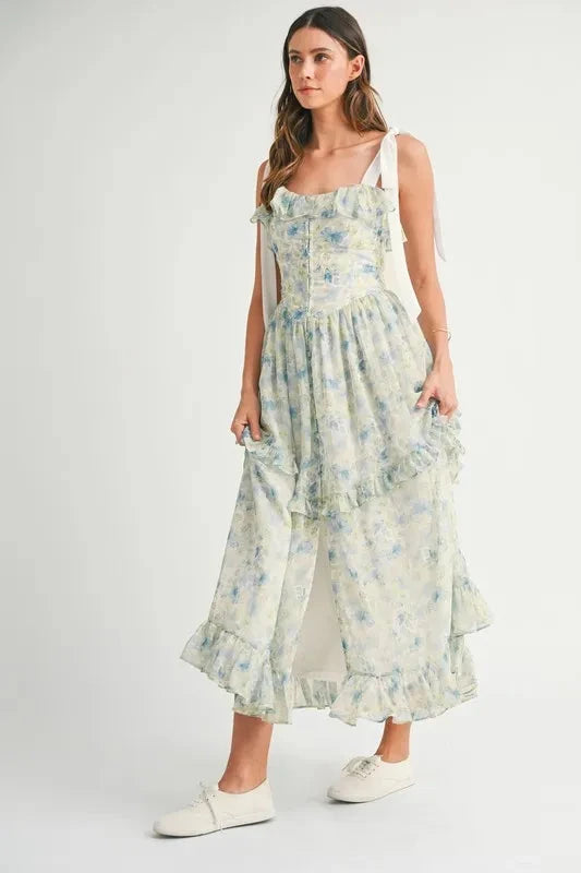 MABLE Floral Printed Shoulder Strap Midi Dress