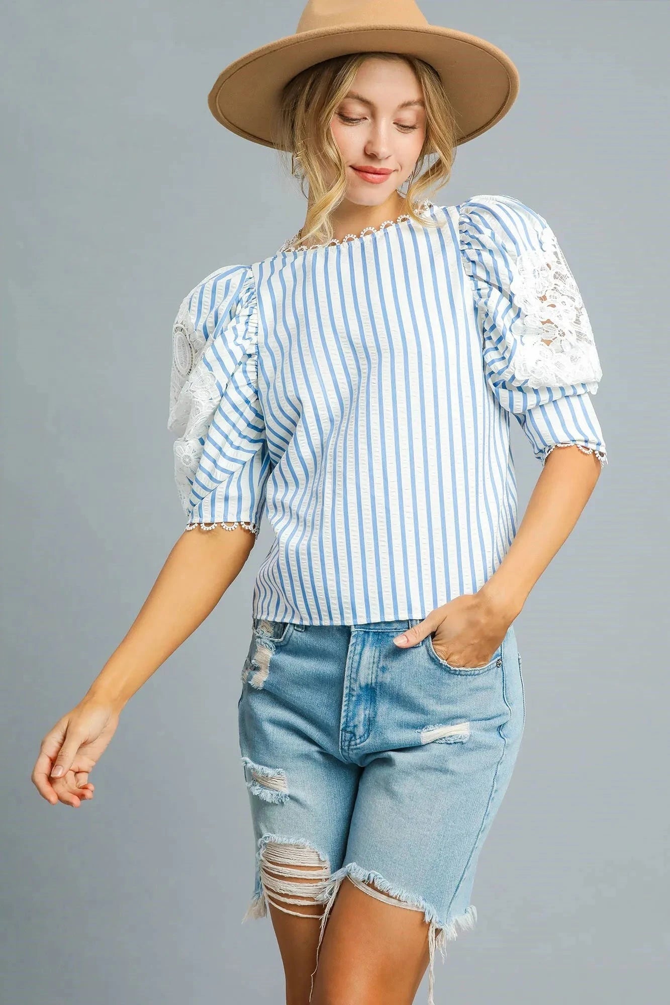 Umgee Striped Lace Puff Sleeve Blouse